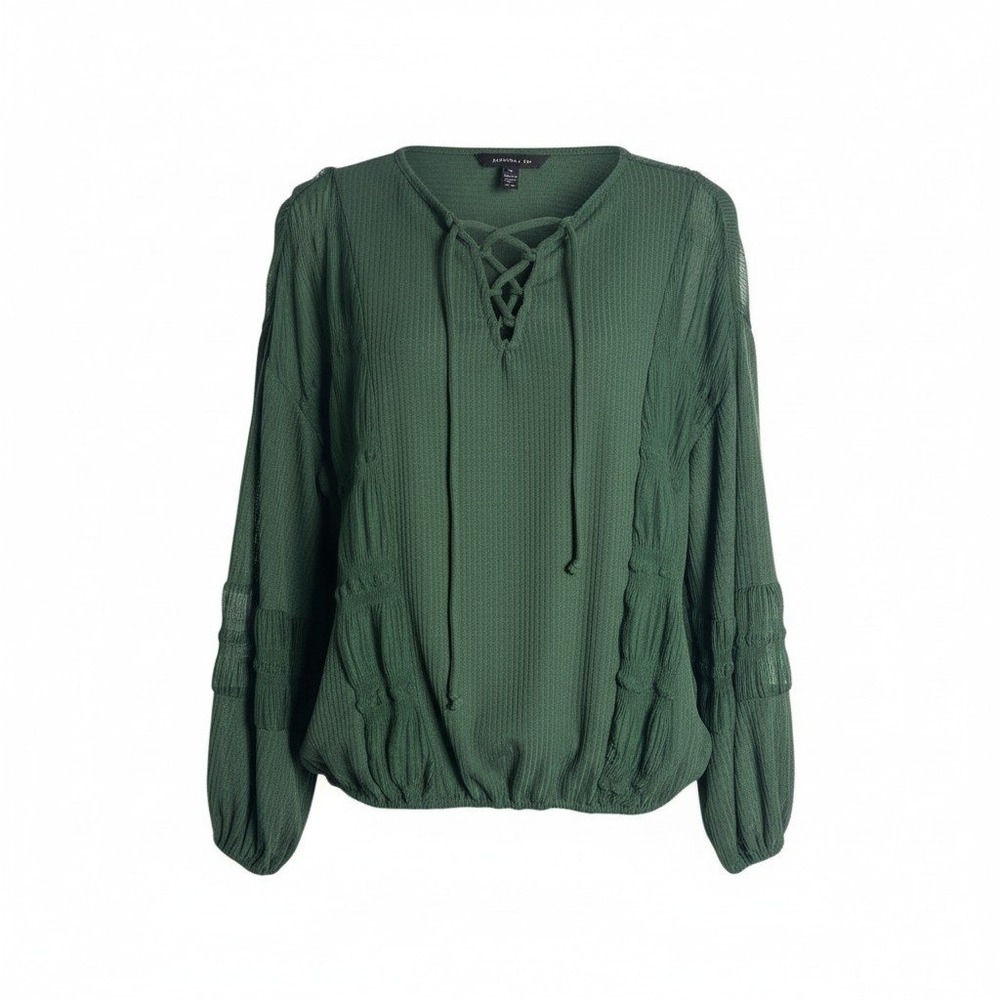 Daytrip Green Lace Up Ribbed Peasant Top Mesh Balloon Sleeve Medium